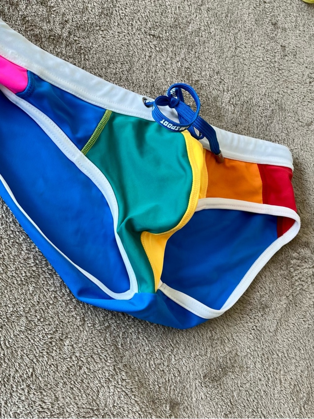 Men's Rainbow Colorblock Swim Briefs - Multicolor, large to medium - Picture 3 of 6